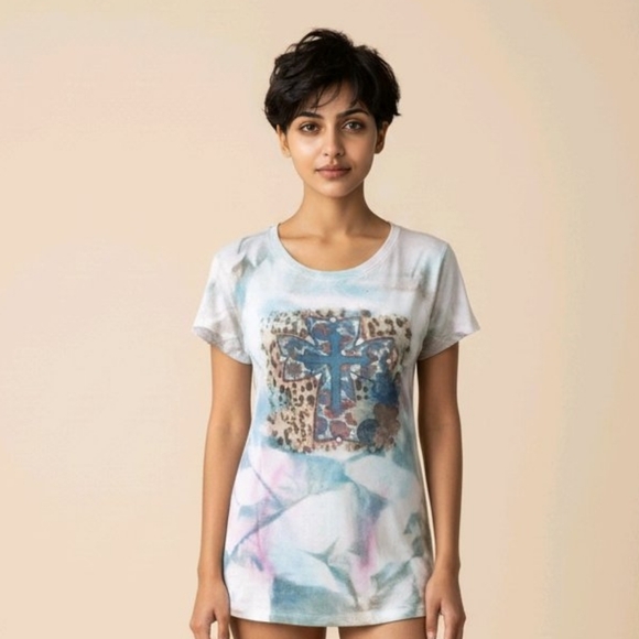 Women Top Size Small White Tye Dye Cross Graphic Tee T-Shirt Religious - Picture 2 of 8